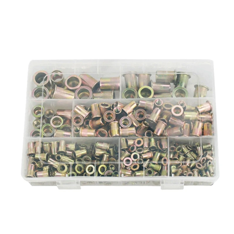 

Hot Riveting Nut, 430Pcs Color-Plated Zinc Rivet Nut M3-M12 Combination Metric Rivet Nut Boxed Flat Head Vertical Pattern