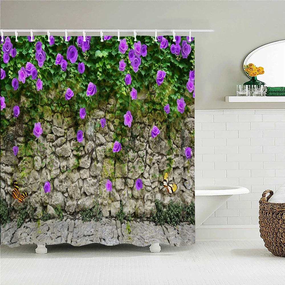 

Beautiful Colorful Flower Brick Wall Floral Decoration Print Shower Curtains Waterproof Frabic Bath Curtain With Hooks 180x180cm