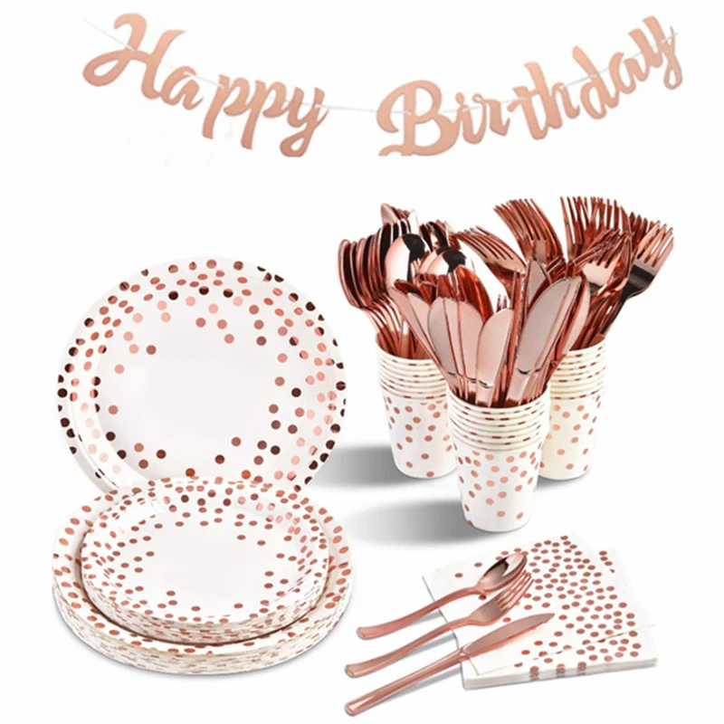 

Disposable Hot Stamping Polka Dot Tableware Rose Gold Paper Plate Napkin Straw White Theme Birthday Supplies Party Decoration