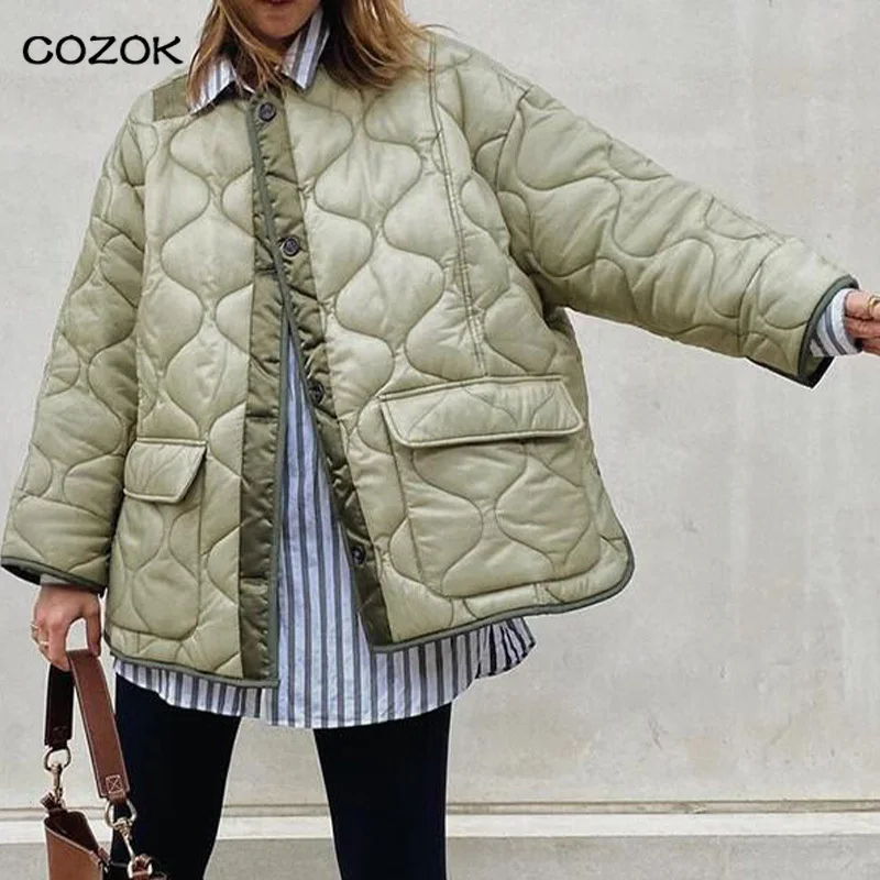 

joker 2021 Women Army Green Winter Quilted Parkas Female Casual Long Sleeve Pocket Single Breasted Curved Hem Jacket Coat