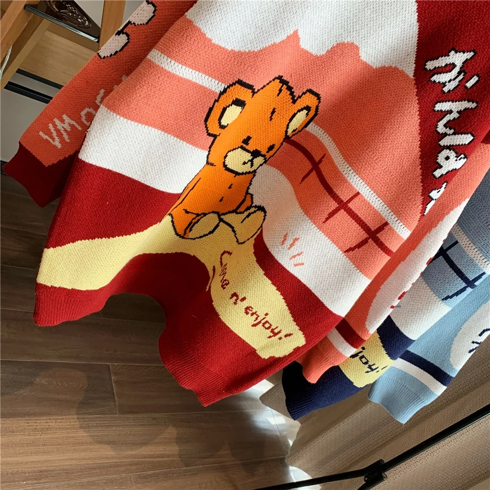 

Juice Snow 2020 Autumn And Winter New Cartoon Bear Pattern Sweet Pullover Sweater Women Casual Loose Knit Top