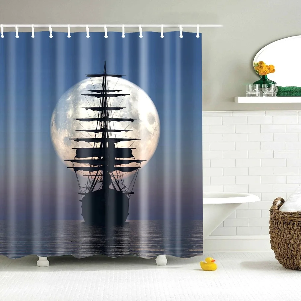 

Dafield Nautical Shower Curtain Sail Old Boat Sketch Ship Wheel Compass Anchor Marine Bathroom Set With Hooks