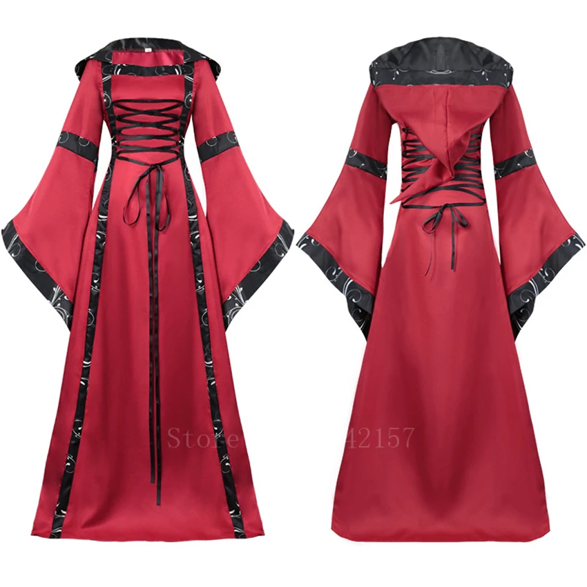 Женское винтажное платье принцессы с капюшоном и рукавами колокольчиками для