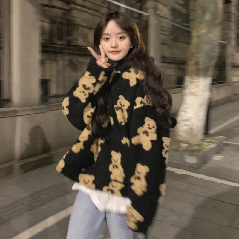 

Women's Hoodie Zipper Lamb Hair Oversized Kawaii Bear Sweatshirts and Hoodies Long Sleeve Thick Hoodie Harajuku Fashion Tops