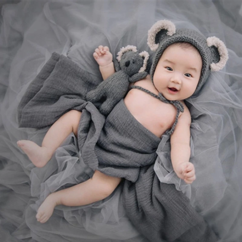

3Pcs/Set Newborn Photography Props Suit Knitted Jumpsuit Rompers with Beanie Hat Koala Doll Toy Infant Baby Outfits