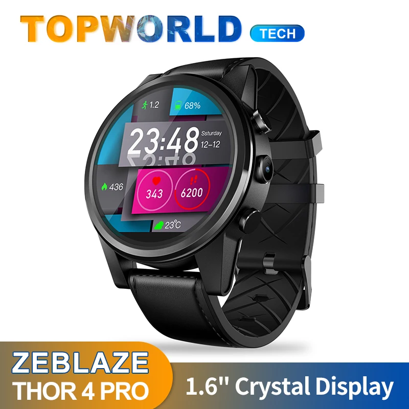 Смарт-часы Zeblaze THOR 4 PRO 4G 16 ГБ 600 мАч 1 6 дюйма Хрустальный дисплей гибридный кожаный
