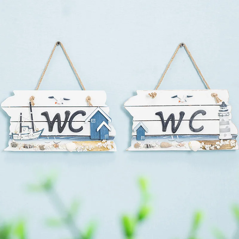 

Creative Ocean Style WC Hanging Sign Board Plate Mediterranean Wooden Toilet Door Decoration Bar Coffee Shop Home Decoration