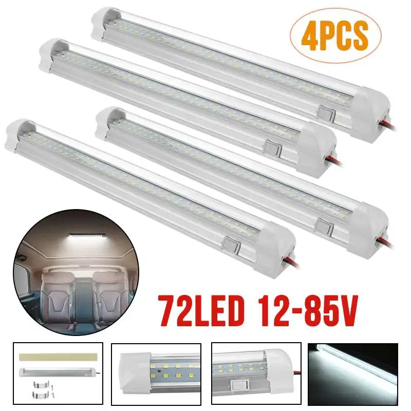 

4Pcs 12V 24V 72 LED Bar Car Interior Light Lamp Strip Light Bar On/Off Switch for Van Lorry Truck Camper Caravan Camping RV