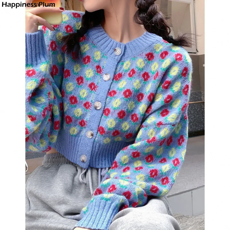 

Japanese Sweet Lovely Flower Thin Knitted Cardigan Women 2021 Spring Autumn New Retro Gentle Style Cropped Sweater