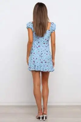 

Summer New Women's Suspender Short Sleeve V-neck A-line Print High Waist Fashion Mini Lady Dress