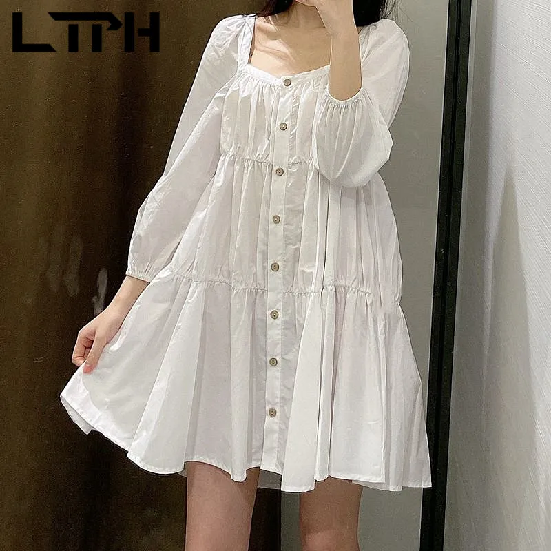 

LTPH sweet white poplin dress women vintage puff sleeve Single breasted ruffles elegant big hem A-line dresses 2021 summer new