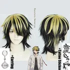 Парик для косплея ханемия казатора из Токио, черные золотистые волосы с тату-наклейкой и шапочкой