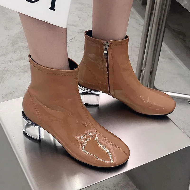 Модные сапоги на прозрачном каблуке женские из свиной шкуры молнии с круглым