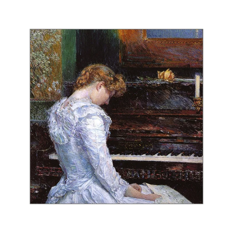

Elegant Figure Playing Piano Decorative Painting Retro Carved Bow Mural No Frame Girl Restaurant Picture Canvas Home Decoration