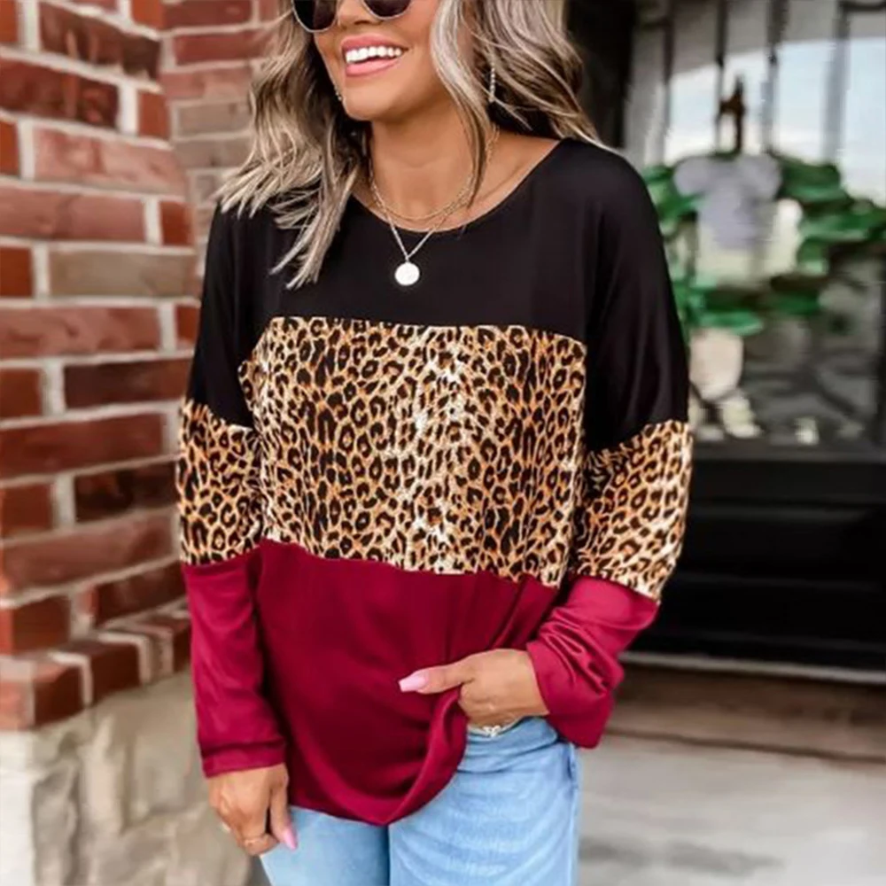 

Леопардовой отстрочкой; Футболка с длинным рукавом для женщин осень хлопок размера плюс, женские повседневные блузки для женщин модная ули...