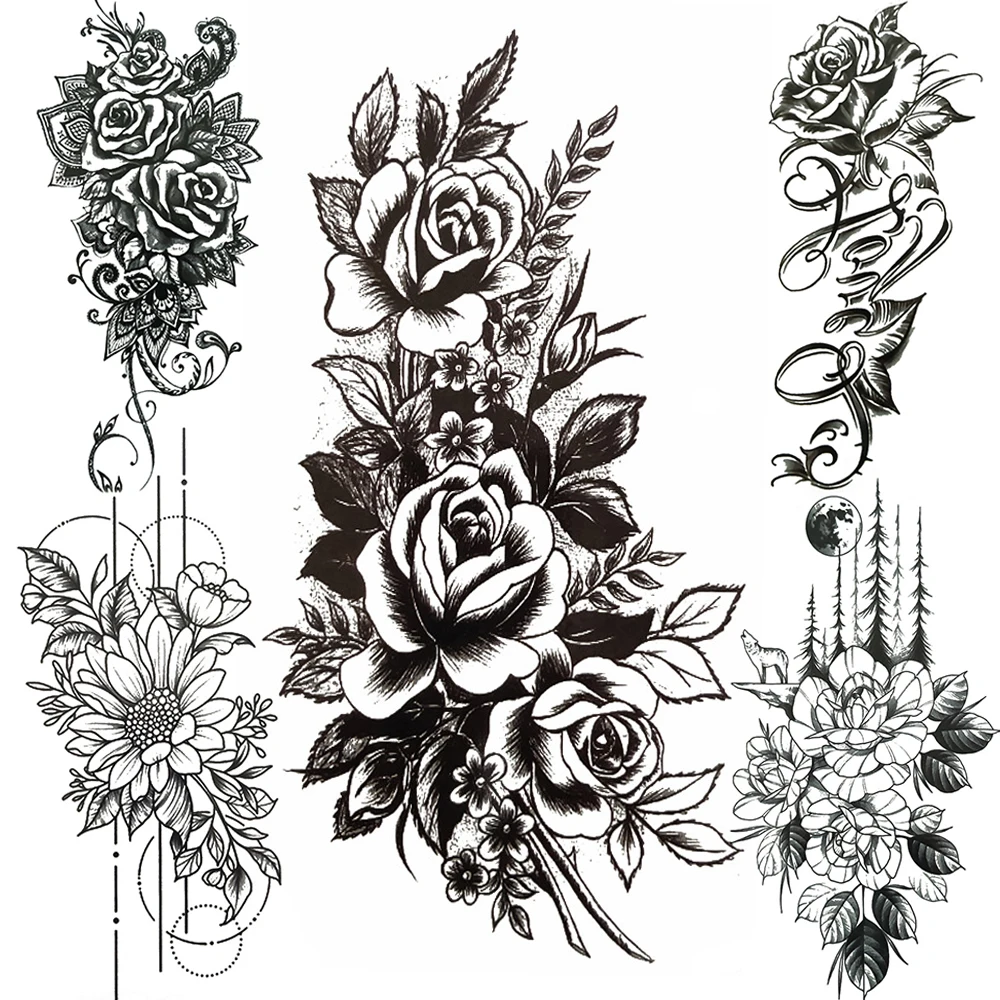 Черные пионы розы цветок временная татуировка для женщин и девушек большая