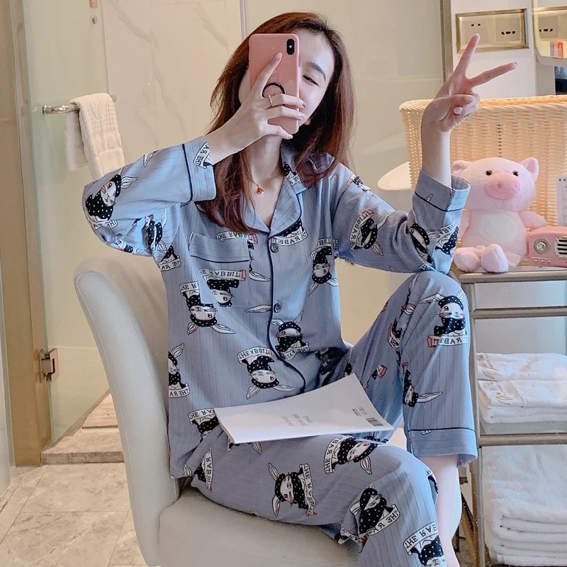 Пижамы для женщин с длинным рукавом в клетку в Корейском стиле розовый Kawaii пижамный комплект размера плюс женская домашняя одежда мягкая с отложным воротником - Цвет: 20