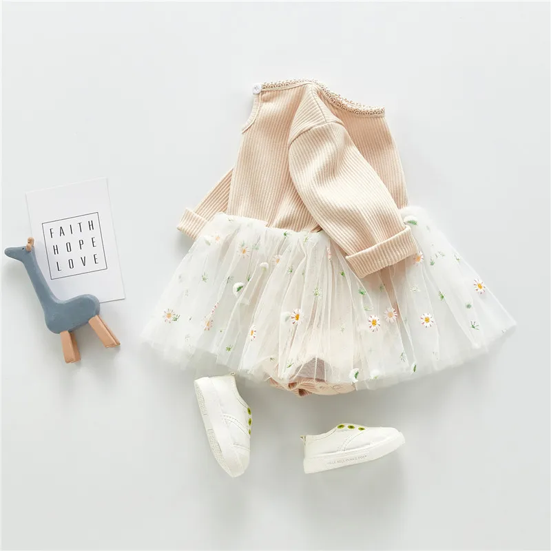 Детский комбинезон с цветочной вышивкой круглым вырезом и длинным рукавом|Боди