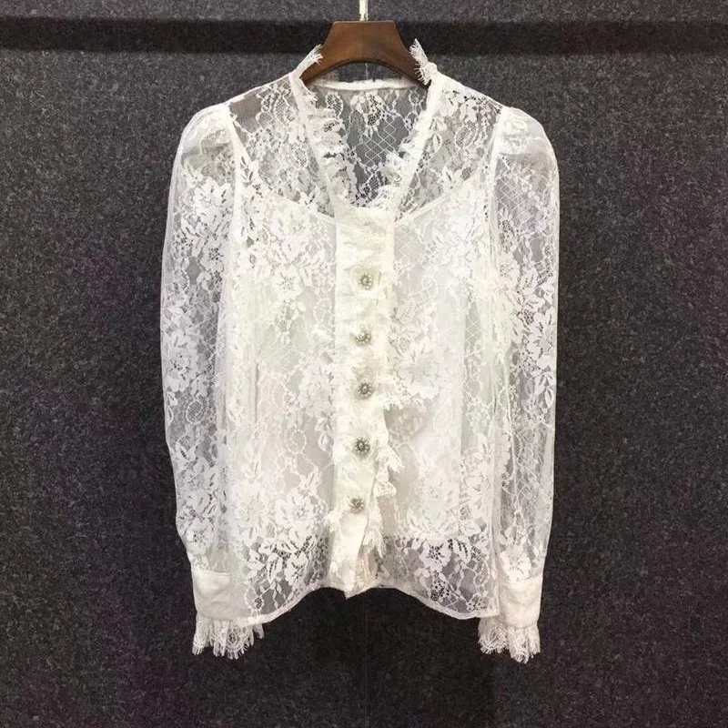 

High Quality Lace Blouse 2021 Autumn Fashion Sexy Shirts Women V-Neck Beading Button Long Sleeve White Apricot Black Shirts