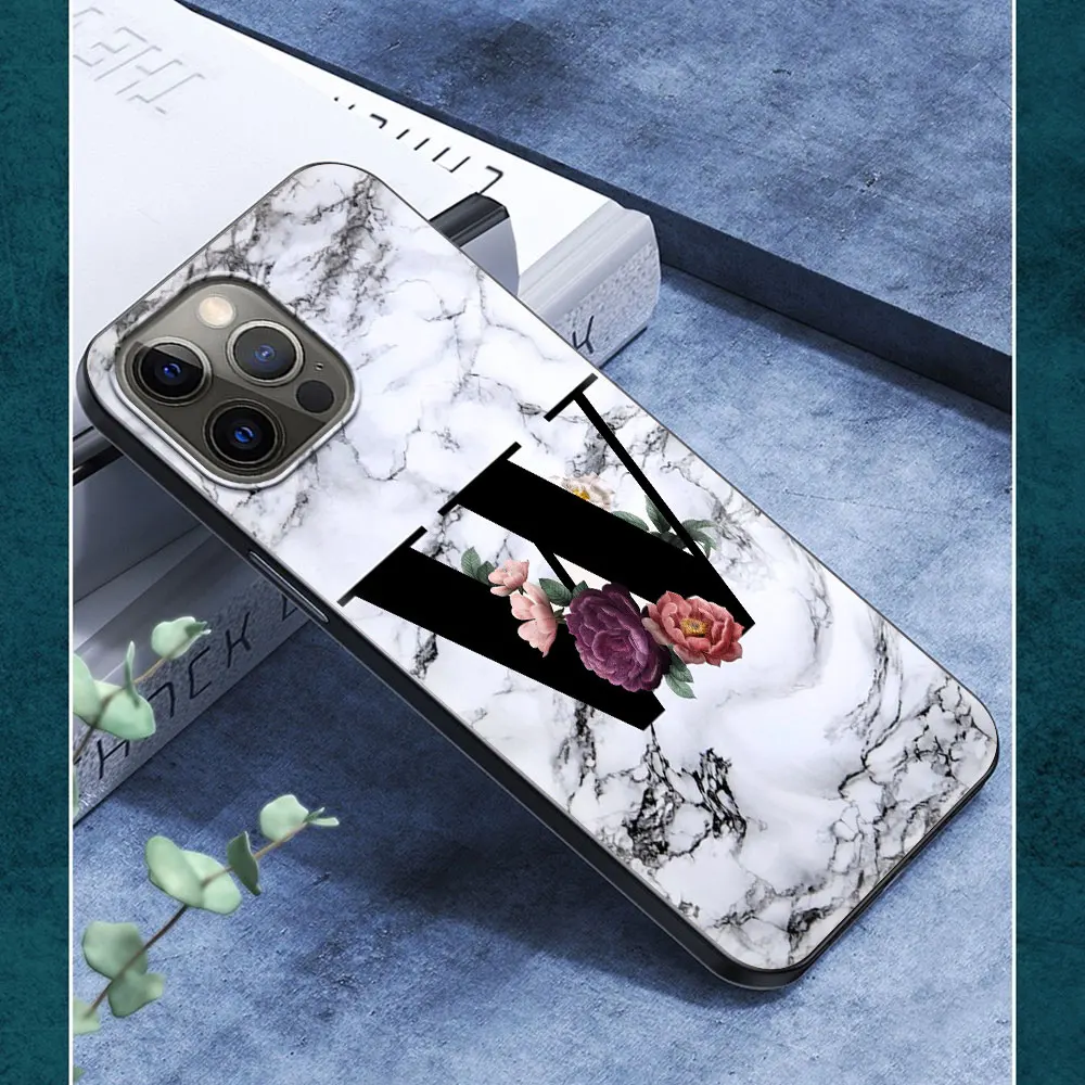 

Phone Case For iPhone 11 12 Pro XS Max 8 7 Plus X XR Silicone Soft Black Shell Back Cover Coque Letters Flower 26 English Marble