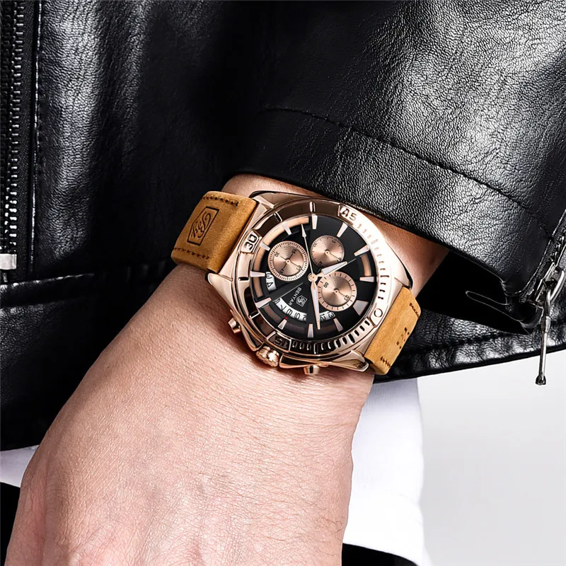 Часы BENYAR Мужские кварцевые с хронографом календарем и ремешком из натуральной