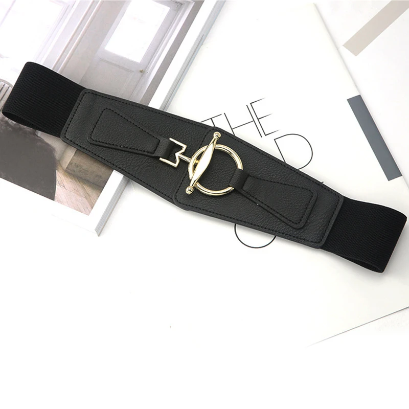 

Women Wide Waistbands Elastic Waist Belt Metal Round Buckle Leather Belt Lady Cummerbunds For Dress Sweater Decor Waist Seal