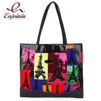 sequins color tower geometric pattern pu leather black shoulder bag tote bag for women shopping bag fashion purses and handbags