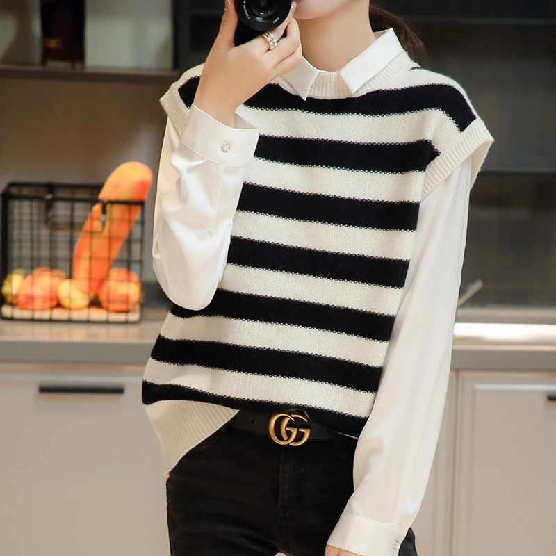 

Женский вязаный жилет LONGMING из 100% шерсти, полосатый жилет, осенний свитер, жилет, пуловер без рукавов, женские зимние вязаные жилеты, топы