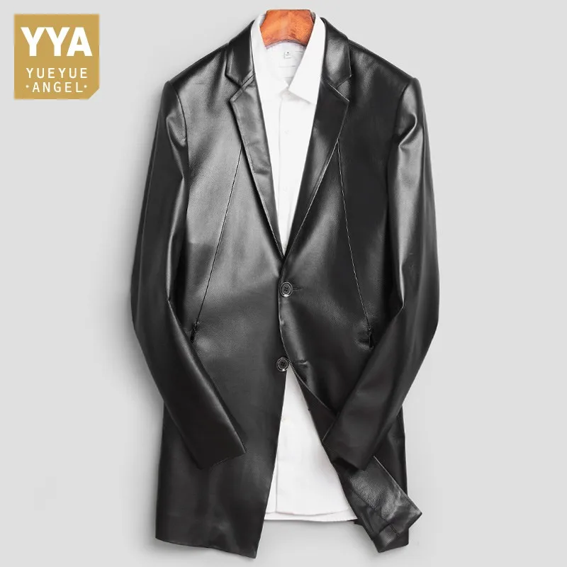 

Business Man Mid Long Sheepskin Blazer Coat Slim Fit Mens High Quality Genuine Leather Jacket Office Outwear Suit Trench Coat