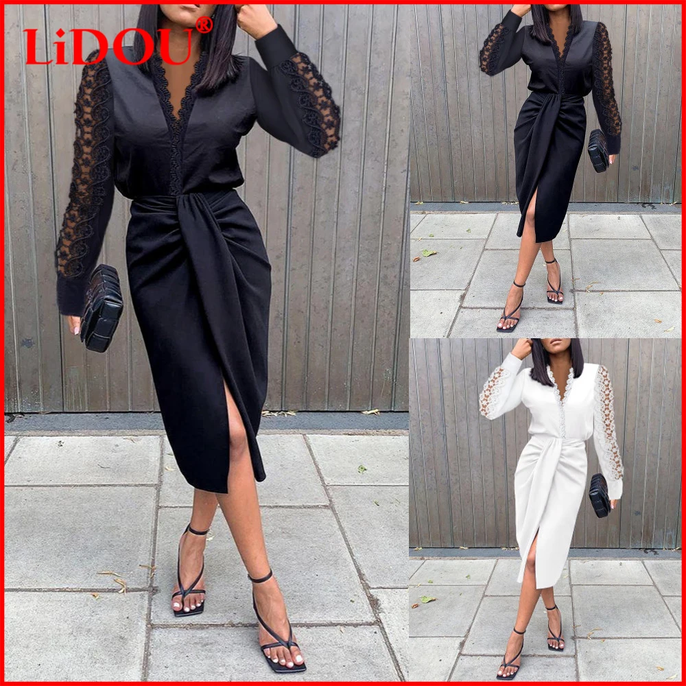 

Женское кружевное платье с V-образным вырезом, длинным рукавом и разрезом