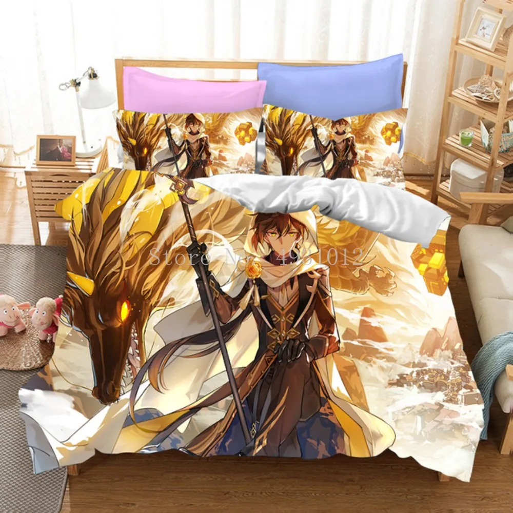 

Game Genshin Impact Bedding Sets Quilt Bed Cover Duvet Cover Pillow Case 3 Pieces Sets Kids Adult Size Bedclothes