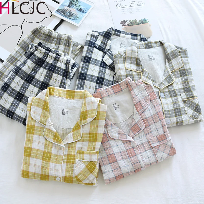 

2021 New Plaid Cotton Crepe Men's Long-sleeved + Trousers Pajamas Women Spring and Autumn Couple Home Service Suit Pyjamas Femme