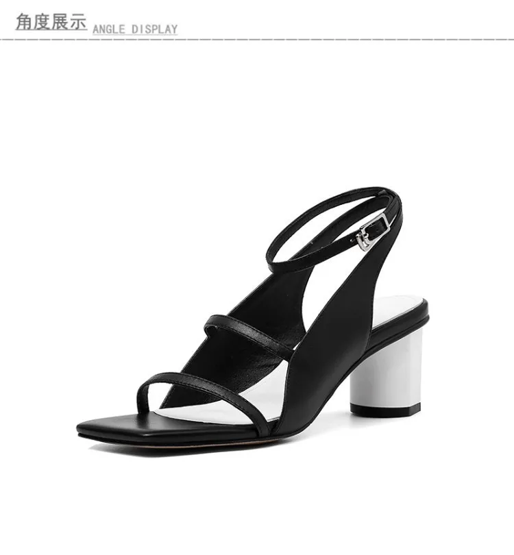 

Mid Heel buckle summer leather fashion sandals women's heel square hollow T-stage women's shoes
