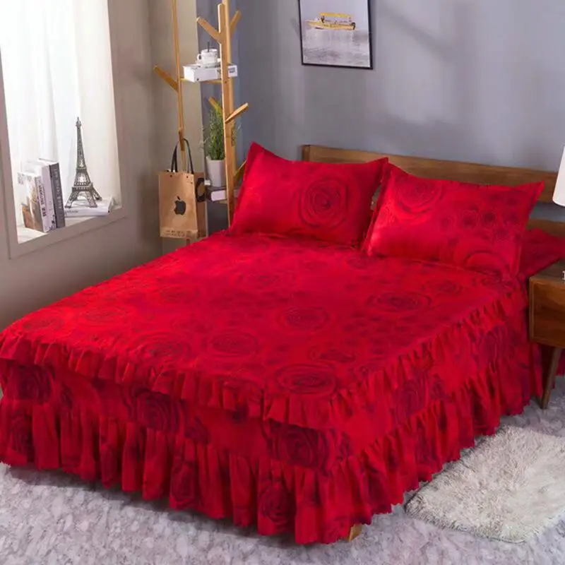 

3pcs Set Soft Lace Bed Cover 1pc Printing Bed Skirt +2pcs Pillowcase Twin King Queen Size Bed Cover Wedding Bed Skirt