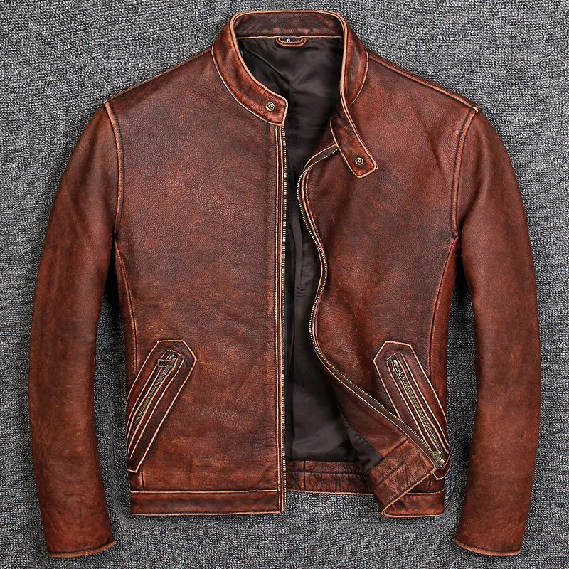 

Retro First Layer Cowhide Stand-up Collar Slim Fit Motorcycle Jacket Men 's Short Fall Winter Coat