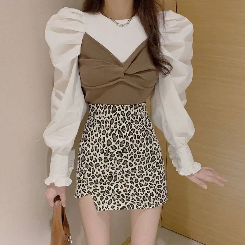 Fashion Patchwork Women Blouse Korean Fake Two Pieces Blusas Femme 2020 Autumn Puff Long Sleeve O-neck Shirts