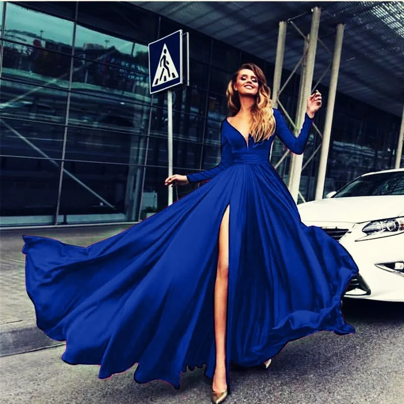 

Sexy Deep V Neck Backless Long Sleeve Dress Women Elegant Solid Split Evening Maxi Dresses Long Formal Party Holiday Vestidos