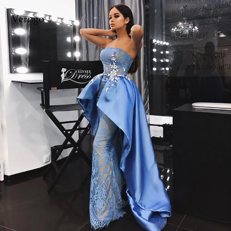 Verngo Русалка вечернее платье длинное торжественное 2020 синее с кружевной