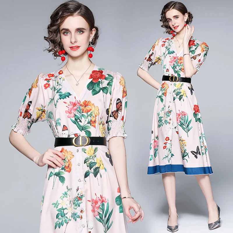 

Dress Women Midi Elegant Office Lady A-LINE ONeck Summer2021 Young Print SHORT Empire Clothing Pullover Vintage Causal Plus Size