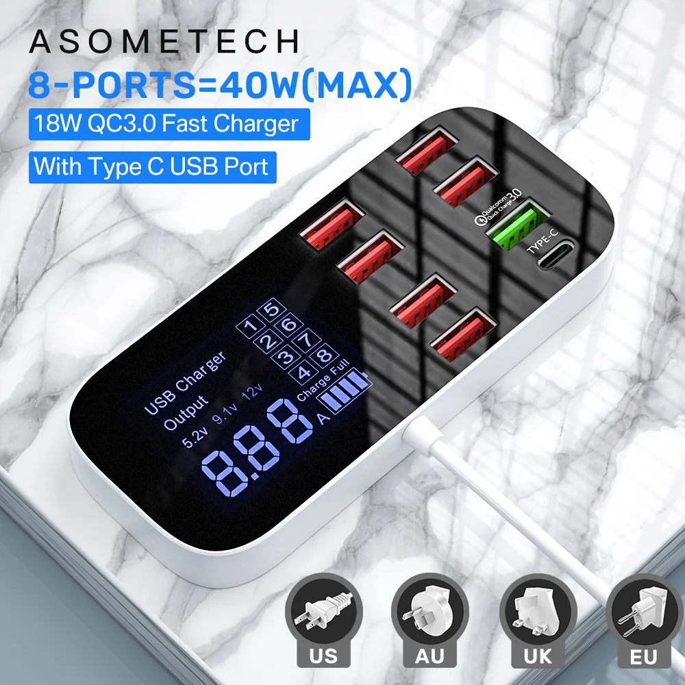 40W для мобильных телефонов через USB Зарядное устройство QC3.0 C Тип быстрая 8 Порты 2.4A