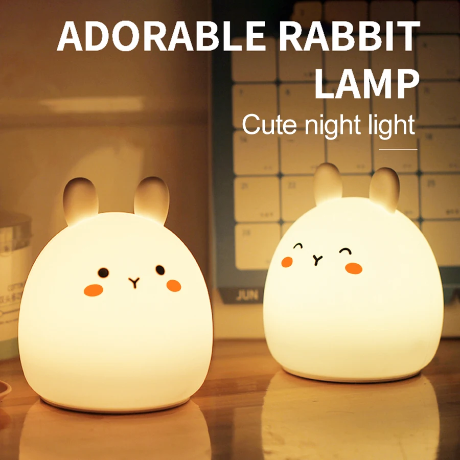Colorful LED Night Light Silicone Cute Rabbit Room Decor Bedroom Bedside Led Lamp Soft Touch Sensor Table Lamp For Children Baby