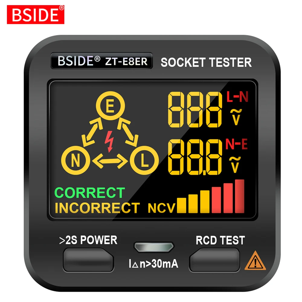 

BSIDE ZT-E8 Digital Socket Tester EU US UK Plug Smart LCD Outlet Checker NCV Tester Voltage Detector Ground Zero Line RCD Check