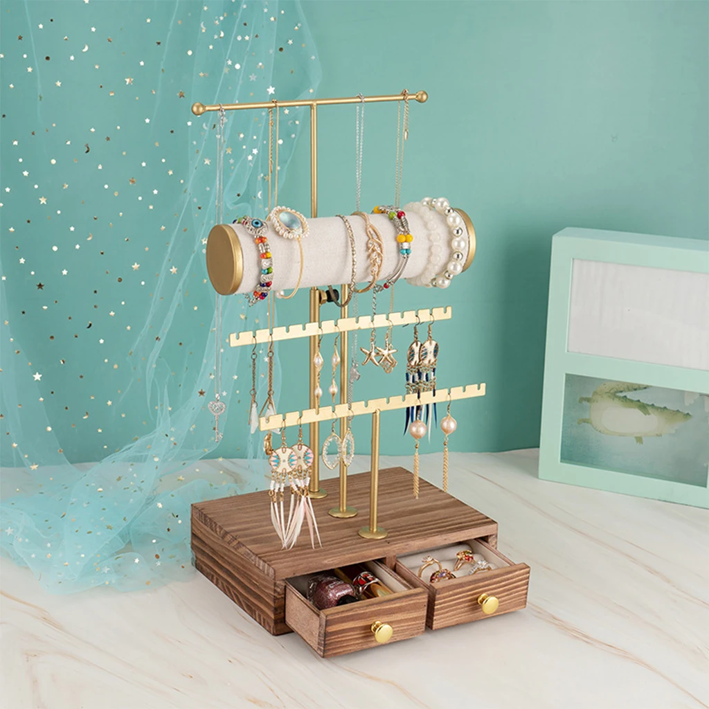 3 Tier Jewelry Stand Tower with Wooden Drawer for Earring Necklace Pendant Display Stand Jewelry Organizer Holder Showcase