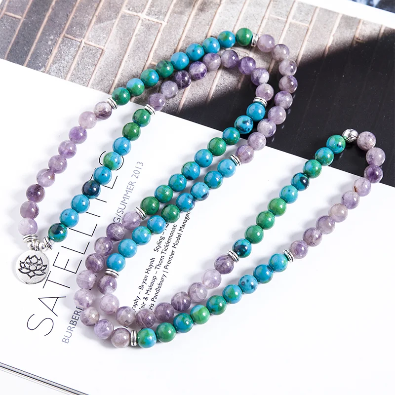 

8mm Natural Amethyst Phoenix Lapis Lazuli Beaded Elastic Wrap 108 Mala Bracelet Meditation Yoga Healing Jewelry Women Bangle