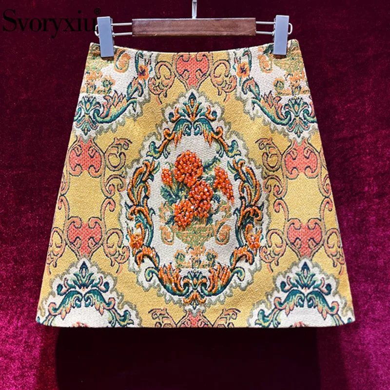 

Женская мини-юбка Svoryxiu, винтажная жаккардовая трапециевидная юбка с цветочным принтом, расшитая бисером, осень 2021