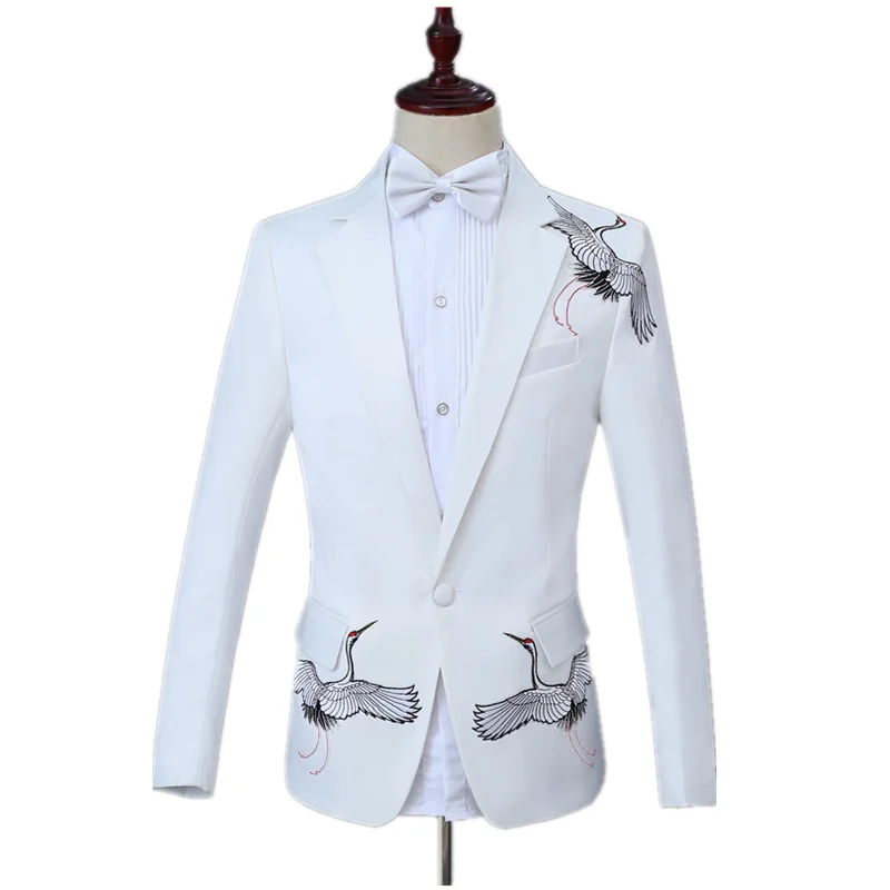 

Party Wedding Banquet 2 Piece Set Lapel Inlaid red-crown crane Slim White Casual Handsome Men's Business Suit Set(coat+pant)