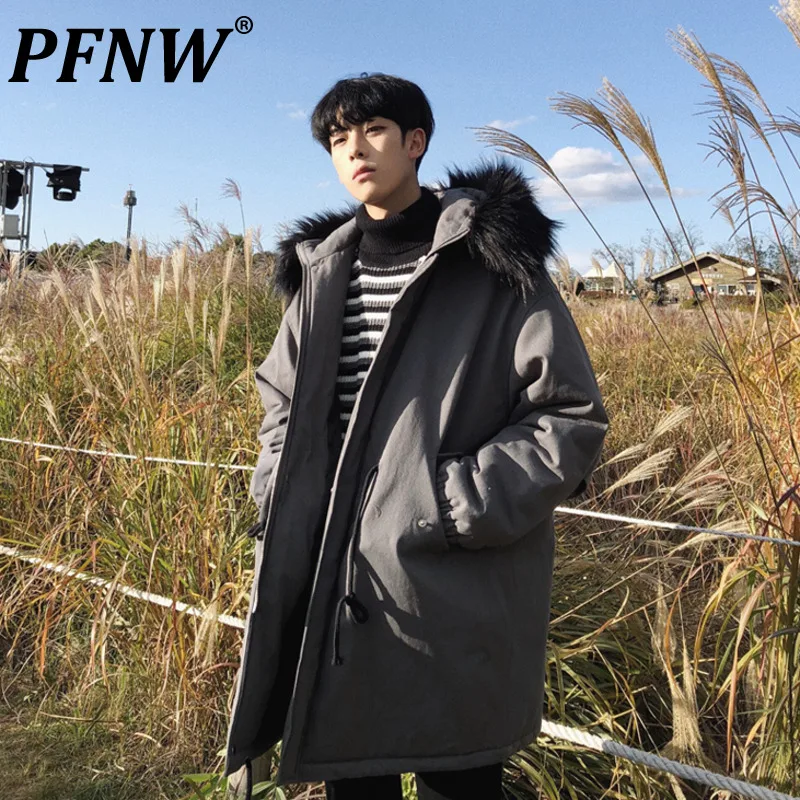 

PFNW Men's Winter Wool Collar Hooded Cotton Padded Jacket Korean Loose Thicken Medium Long Coat Male Overcoats Windbreak 12X0687