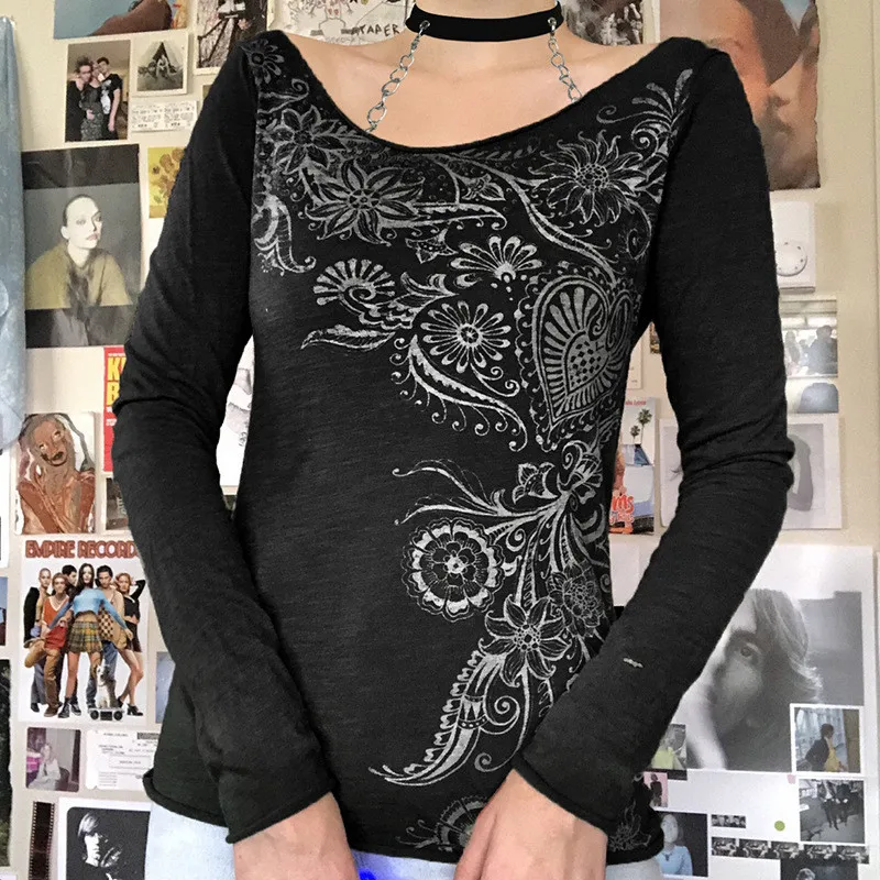 

Женская футболка с длинным рукавом Y2k, облегающая блузка, топы, футболка с графическим принтом, Винтажная футболка в стиле Харадзюку 90-х годо...