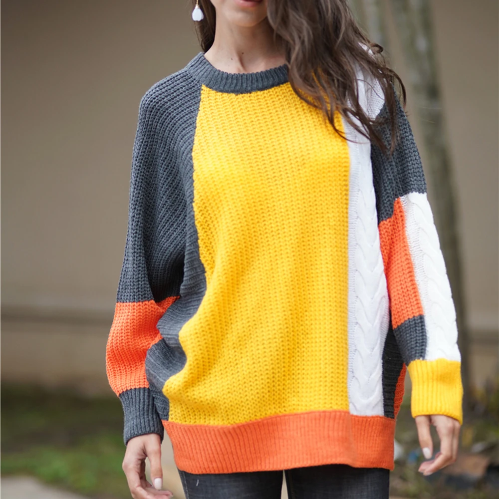 Fashion Women Contrast Color Patchwork Sweaters Autumn Casual Long Lantern Sleeve Knitted Pullovers Streetwear Loose Jumpers Женская