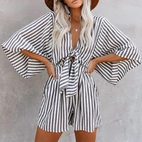 summer sexy v neck striped print tie up bow short jumpsuit women casual loose flare sleeve office lady overalls romper 2021 new